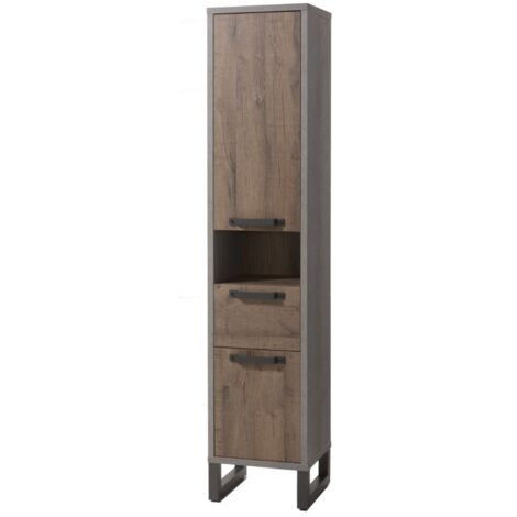 Badezimmersäule mit 2 Türen und 1 Schublade Industriestil grau und Eiche h 190 cm