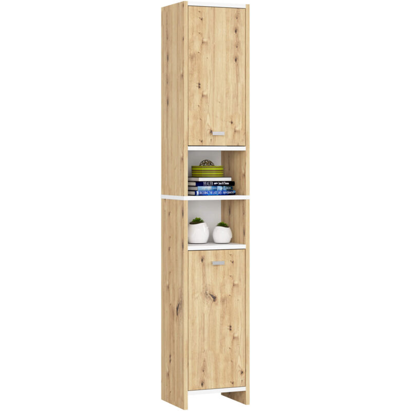 Akord - Badezimmersäule Beti Artisan Eiche, Weiß 2 Türen 4 Ebenen B33 X H180 X T28 Cm