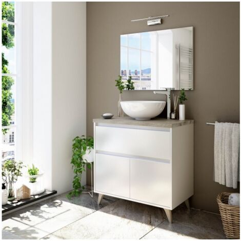 Badezimmerschrank auf dem boden 80 cm glänzend weiß und Eiche mit