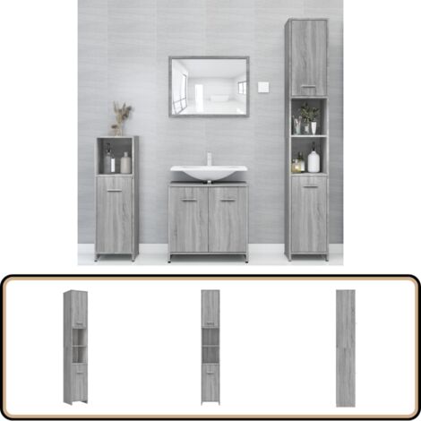 Badezimmerschrank Grau Sonoma 30x30x183,5 cm Holzwerkstoff - Badezimmermöbel - Holzschrank - Spiegelschrank - Waschtischunterschrank - Grau Sonoma