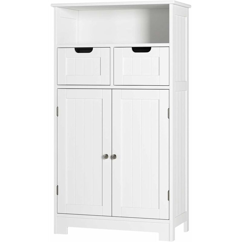 Bamny - Badezimmerschrank, Kommode, mit 2 Türen, 2 Schubladen, Aufbewahrungsschrank, für Badezimmer, weiß, 60 x 30 x 108,5 cm
