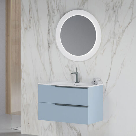 Badezimmerschrank mit Keramikwaschbecken und LED-Spiegel 80 cm in mattem Pastellblau - Modell Symmetry 1