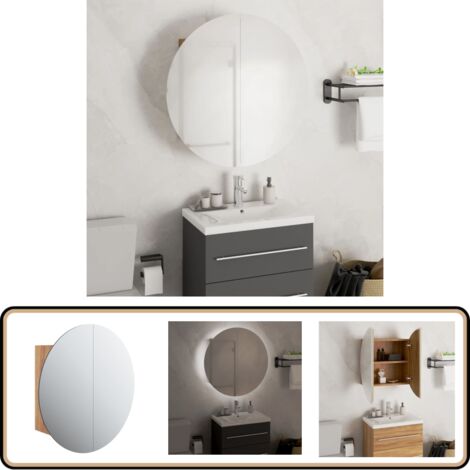 Badezimmerschrank mit Rundem Spiegel & LED Eichen-Optik - Badezimmermöbel - Holzbadschrank - Kosmetiktisch - LED-Spiegelschrank - Runder Spiegel