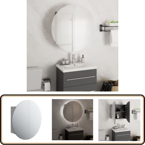 Badezimmerschrank mit Rundem Spiegel & LED Grau 47x47x17,5 cm - Badezimmermöbel - Badespiegel - Badschrank - Kosmetiktisch - LED-Spiegelschrank