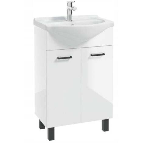Badezimmerschrank mit Waschbecken 55 cm, stehend, Weißglanz, auf MEA-Füßen