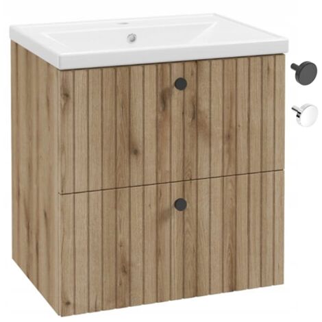 Badezimmerschrank mit Waschbecken 60 cm, Evoke Eiche, geriffelt, Rietti Lamellen
