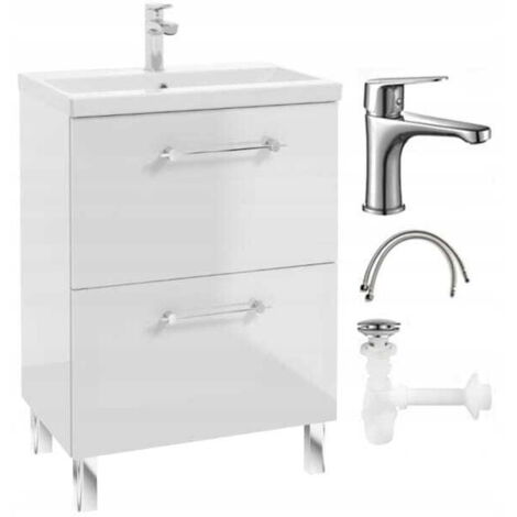 Badezimmerschrank mit Waschbecken, Armatur und Siphon 60x80cm, stehend, weiß glänzend Cassandra