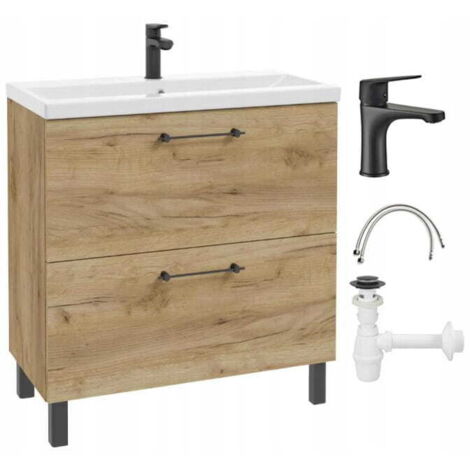 Badezimmerschrank mit Waschbecken, Wasserhahn und Siphon 80x80cm, stehend, Eiche Craft Cassandra