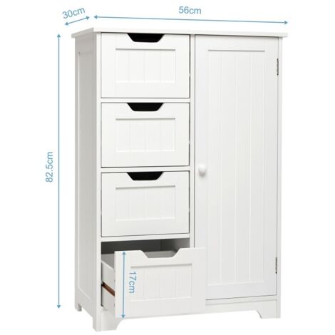 Badezimmerschrank, Sideboard mit 4 Schubladen und 1 Tür, Badezimmer Kommode mit verstellbare Regal, moderner Stil für Bad Wohnzimmer, Schlafzimmer, Flur oder Küche, Weiß-Meerveil