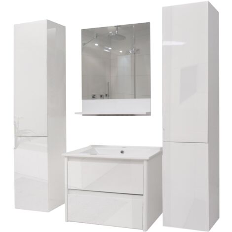 Badezimmerset HHG-618, Waschtisch Wandspiegel 2x Hängeschrank, hochglanz weiß