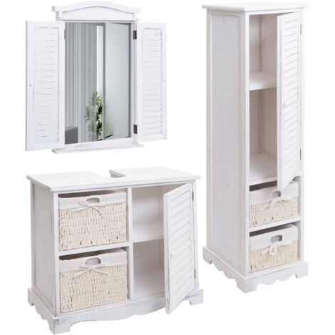 Badezimmerset HHG-680, Badmöbel-Set Hochschrank Waschbeckenunterschrank Wandspiegel shabby weiß