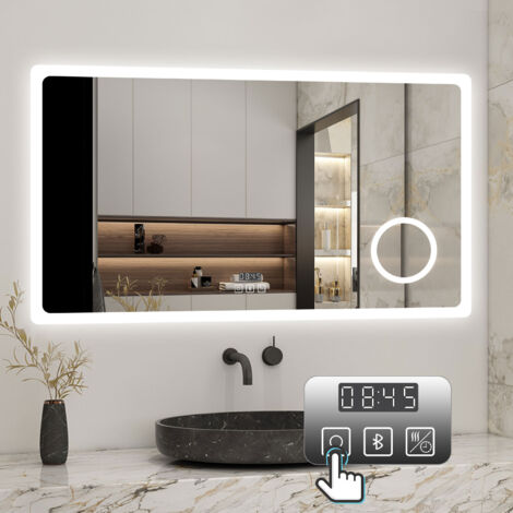 Badezimmerspiegel LED Badspiegel Wandspiegel Touch Beschlagfrei+Uhr+Bluetooth+Kosmetikspiegel+3 Farben Dimmbar+LED Memory Funktion 160 x 80 cm