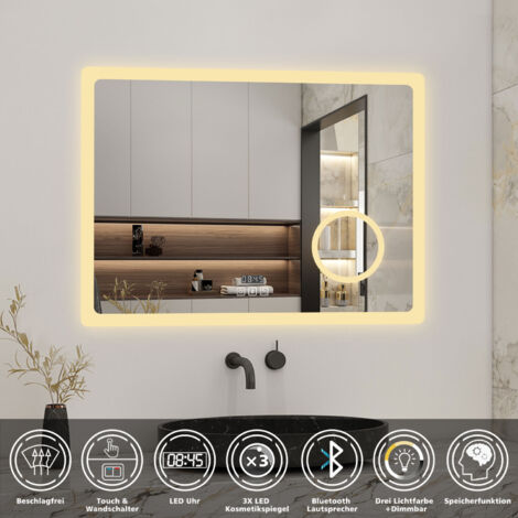 Badezimmerspiegel LED Badspiegel Wandspiegel Touch Beschlagfrei+Uhr+Bluetooth+Kosmetikspiegel+3 Farben Dimmbar+LED Memory Funktion 80 x 60 cm