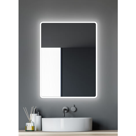 Badezimmerspiegel mit Beleuchtung TALOS Moon LED Badspiegel 80x60 cm - feuchtwassergeeignet durch Aluminiumrahmen - Licht-Farbe Neutralweiß