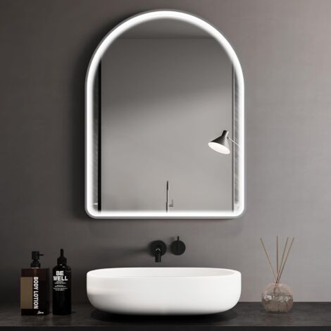 Badezimmerspiegel mit Licht, beleuchteter Wandspiegel, Touch-Schalter, verbesserter COB-Lichtstreifen, beschlagfrei, 3 Lichtfarben, Bogen 80 x 60 cm