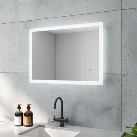 Badezimmerspiegel mit Touchschalter LED-Beleuchtung 80 x 60 cm Wandspiegel IP44, Wandschalter+Beschlagfrei+Dimmbar, Horizontale / vertikale Aufhängung