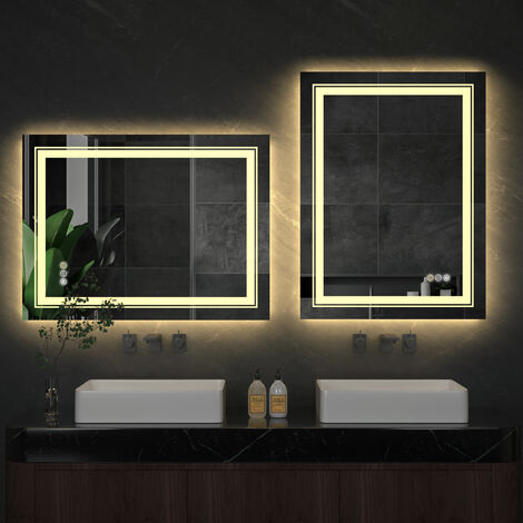 Badezimmerspiegel mit zwei LED-Streifen, 50x70cm LED Badspiegel 3 Touchschalter, Beschlagfrei, Dimmbar 3 Lichtfarben, Wandspiegel Kosmetikspiegel