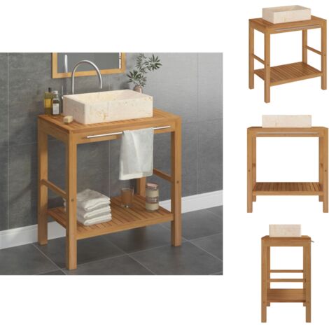 Badezimmerwaschtische - Living Waschtisch Massivholz Teak mit Waschbecken Marmor Creme