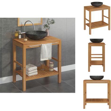 Badezimmerwaschtische - Living Waschtisch Massivholz Teak mit Waschbecken Marmor Schwarz