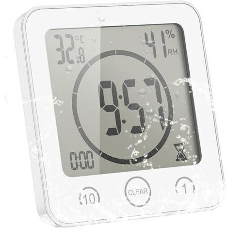 Badezimmerwecker, LCD-Digitalwecker, wasserdichter Touch-Duschwecker, Temperatur- und Feuchtigkeitsanzeige, Countdown-Timer, 3 Montageoptionen, batteriebetrieben (weiß).