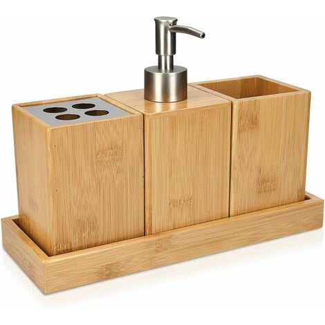 Badezimmerzubehör-Set – 4 x Badezimmerzubehör aus Bambus – Zahnbürstenhalter – Seifenspender – Becher – Halter