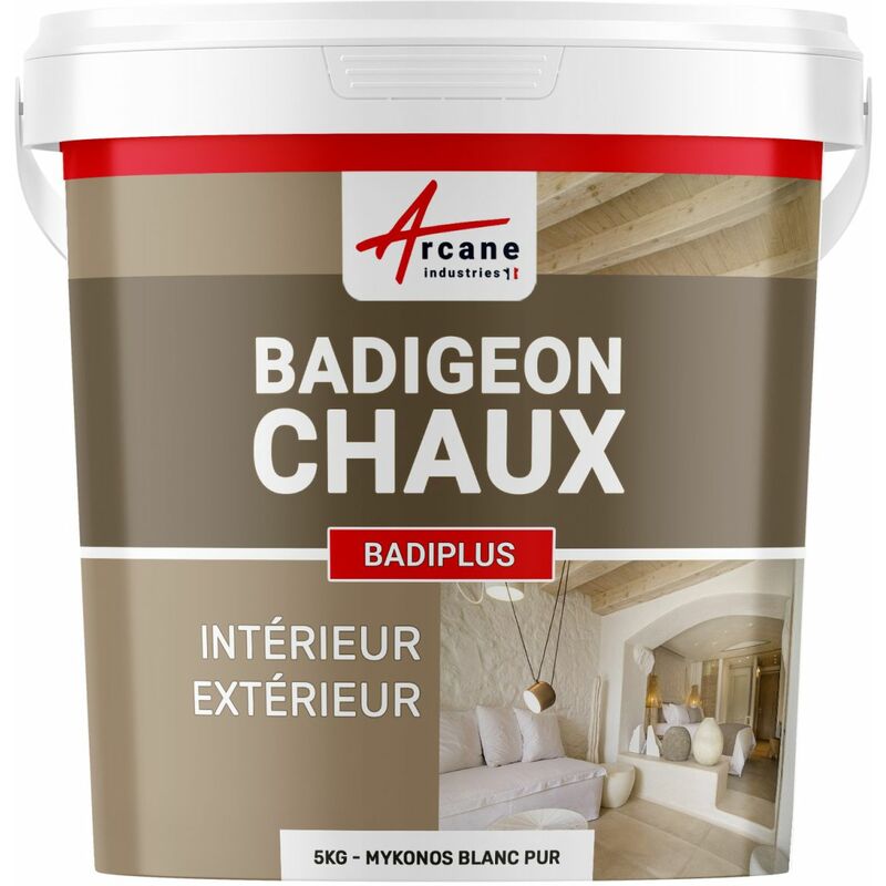 Arcane Industries - Badigeon à la chaux décoration intérieure extérieur maison badiplus - 5 kg (jusqu'à 25 m²) Mykonos Blanc Pur