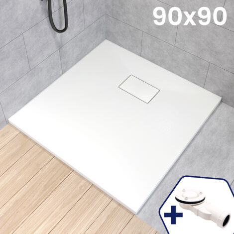 BADLAND Duschwanne 90x90x3,2 VIDAR Weiß Verbundwerkstoff Duschtasse Quadratisch, Steinoptik, mit Ablaufgarnitur Ø 90 mm