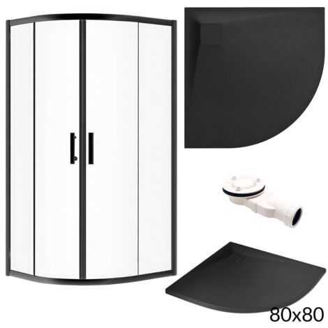 BADLAND Set - Duschkabine HELA + Duschwanne VIDAR 80x80 193 cm Viertelkreis Duschabtrennung NanoGlas 6 mm Duschtasse Schwarz