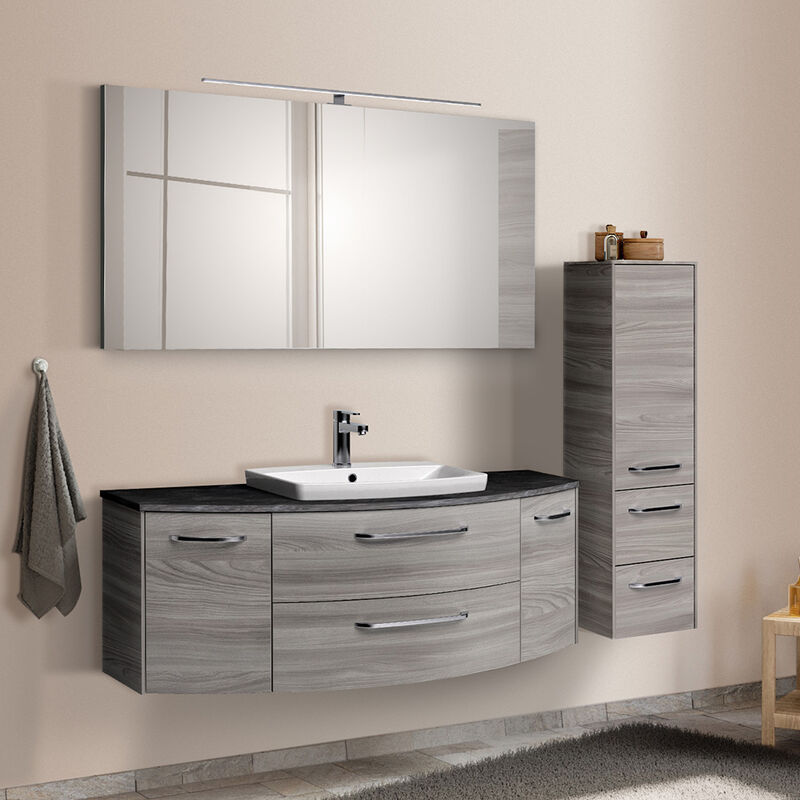 Badmöbel Set mit Spiegel, led Beleuchtung, Midischrank und Waschtsch mit Keramikwaschbecken SEVILLA 66 in Sangallo Grau quer Nb., b h t ca.  - Onlineshop ManoMano