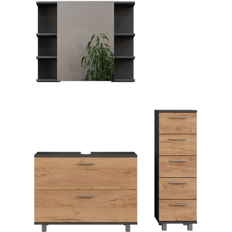 Badmöbel-set Ilias, Goldkraft Eiche/anthrazit, 3 Teile, Mit Unterschrank 80 Cm, Vicco