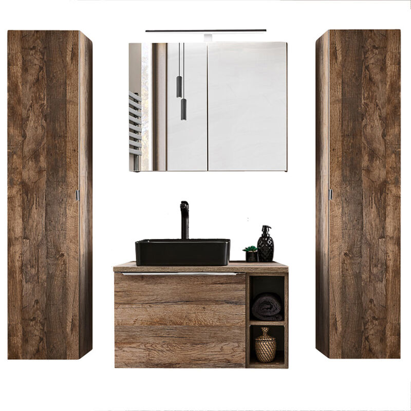 Lomadox Badmöbel Set in Vintage Oak Eiche PUEBLA 56 80cm Waschtischunterschrank mit 2 Keramik Waschbecken, LED Spiegelschrank 2 Hochschränke  - Onlineshop ManoMano