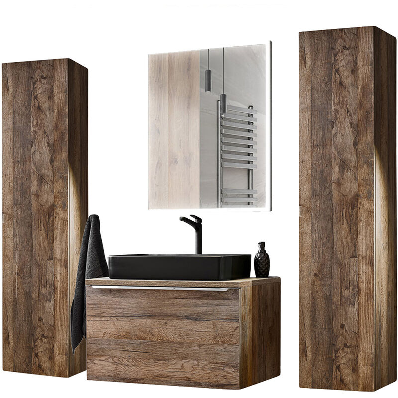 Lomadox Badmöbel Set in Vintage Oak Eiche PUEBLA 56 Waschtischunterschrank mit Keramikbecken, LED Spiegel 2 Hochschränke  - Onlineshop ManoMano