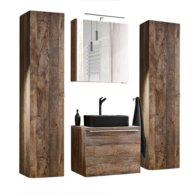 Lomadox Badmöbel Set in Vintage Oak Eiche PUEBLA 56 Waschtischunterschrank mit Keramikbecken, LED Spiegelschrank 2 Hochschränke b h t 170 200 46  - Onlineshop ManoMano