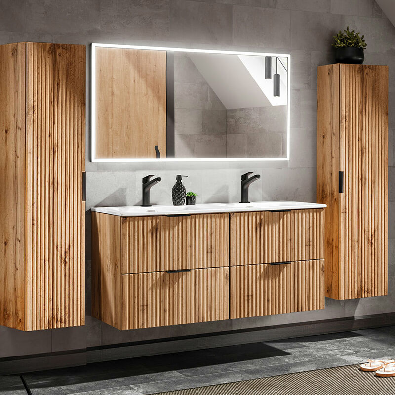 Badmöbel Set mit 121cm Waschtisch ADELAIDE 56 Wotaneiche Rillenoptik, b h t ca. 220 200 46 cm  - Onlineshop ManoMano