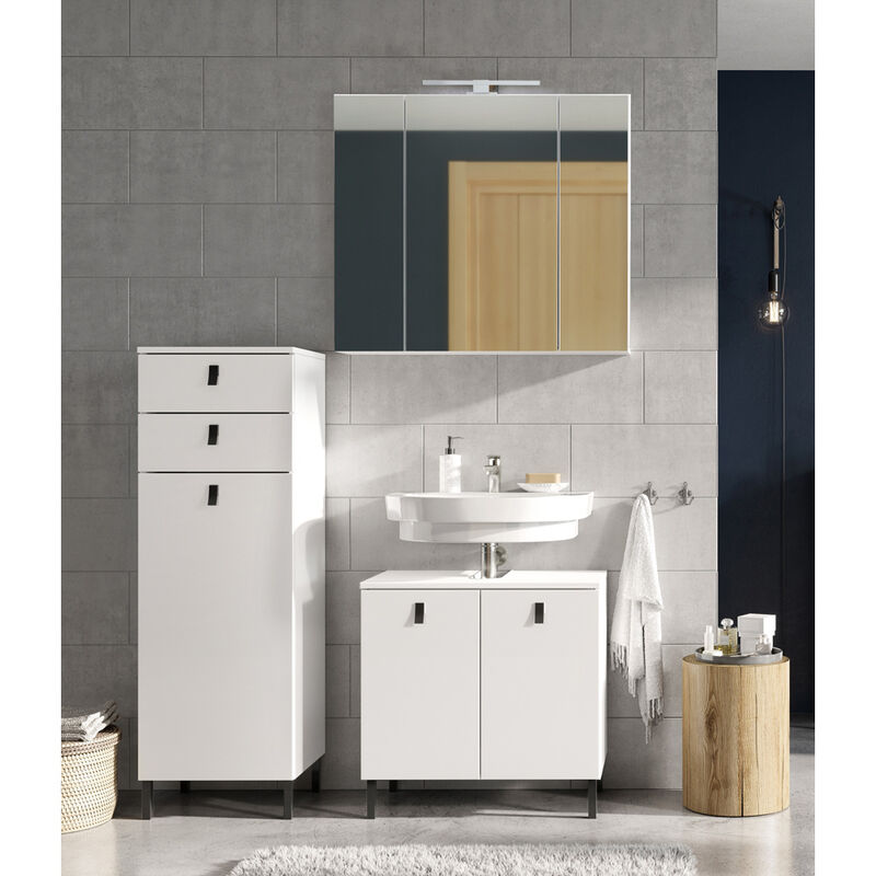 Lomadox Badmöbel Set mit 3 trg. Spiegelschrank und led Beleuchtung TUDELA 01 in weiß, b h t ca. 114 200 35 cm weiß  - Onlineshop ManoMano