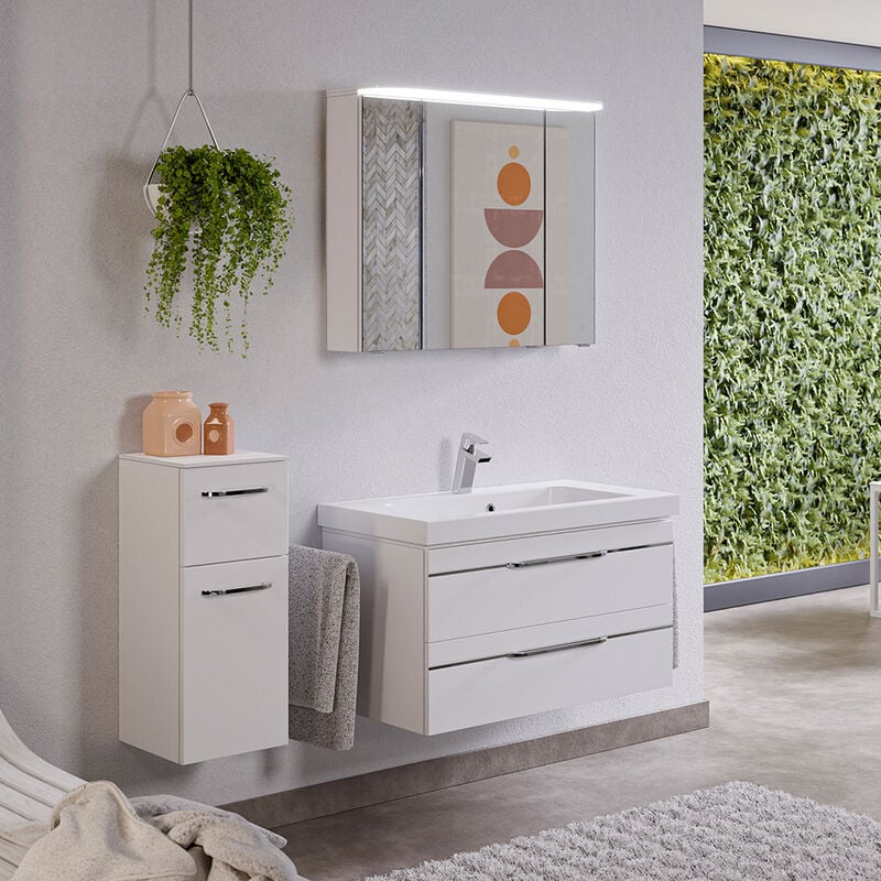 Badmöbel Set mit Waschtisch, Spiegelschrank mit Beleuchtung und Unterschrank, weiß Glanz BUDVA 66, b h t ca. 137 200 49 cm weiß  - Onlineshop ManoMano