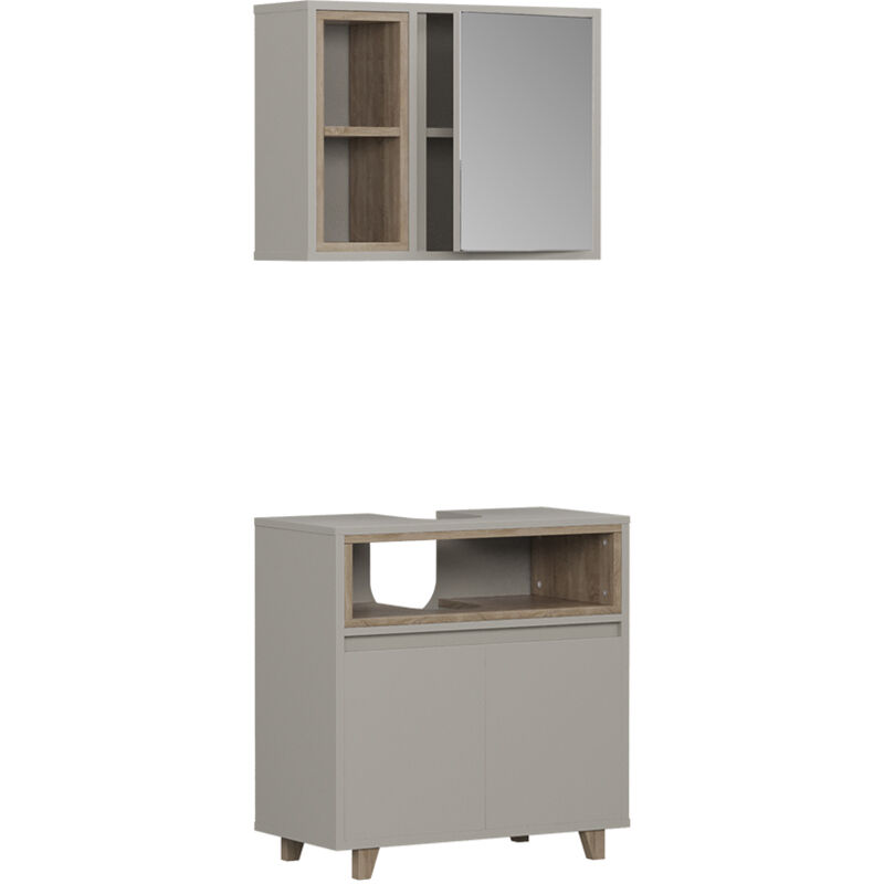 Badmöbel-set Elnor, Greige/eiche, Mit Spiegelschrank Und Unterschrank, Vicco