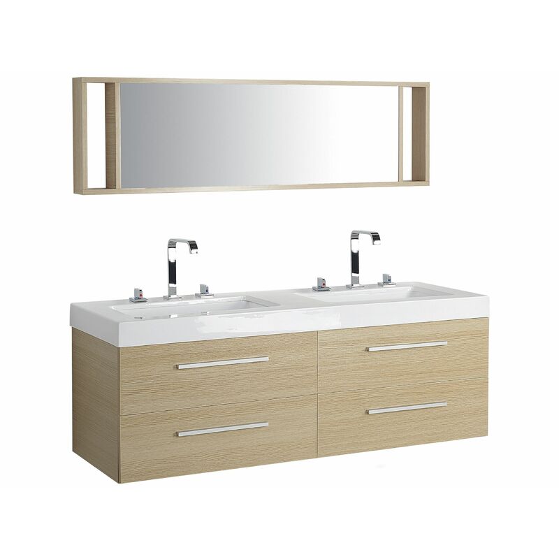 Beliani - Badmöbel Beige MDF Platte Acryl Glas 59 x 138 x 48 cm Modern Exklusiv Glamourös Praktisch Multifunktional 2 Große Waschbecken Badezimmer