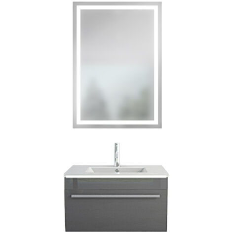 Badmöbel Gently 3 V1 Weiß/Grau 70cm + Leuchtspiegel LSP03 cm