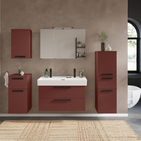 Badmöbel Komplett Set in rot, Spiegelschrank mit 3D-Funktion und Waschtisch mit Becken - ATELLA-03