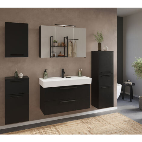 Badmöbel Komplett Set in schwarz, Spiegelschrank mit Aufbauleuchte und Waschtisch 100 cm Breit - ATELLA-03