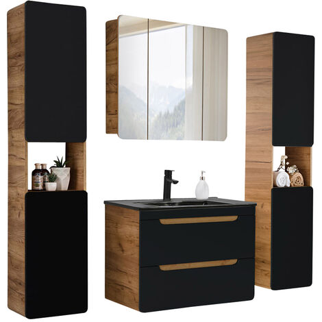 Badmöbel Komplett-Set in seidenmatt anthrazit mit Wotan Eiche Nb., 81 cm Waschtisch-Unterschrank mit Keramik-Waschbecken, LED-Spiegelschrank, 2 Hochschränke, B/H/T ca. 180/200/46 cm
