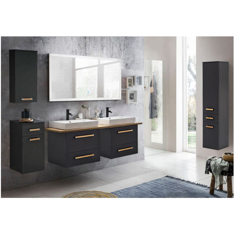 Lomadox - Badmöbel Komplett Set mit Keramik Doppel-Waschtisch DABO-04 in anthrazit mit Landhaus Eiche, B/H/T 250/200/50 cm