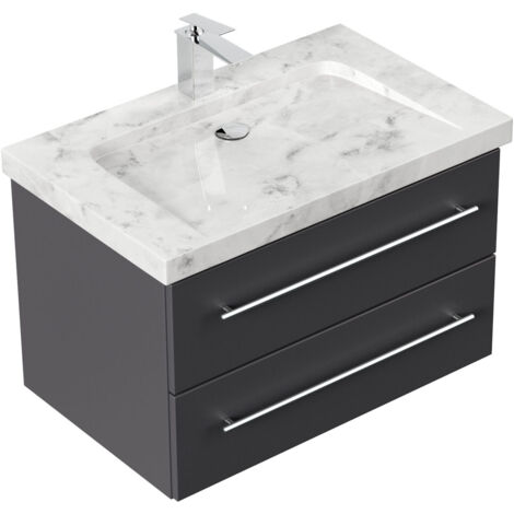 Badmöbel Marmor Carrara White Damo 75 cm 1 Hahnloch SoftClose anthrazit