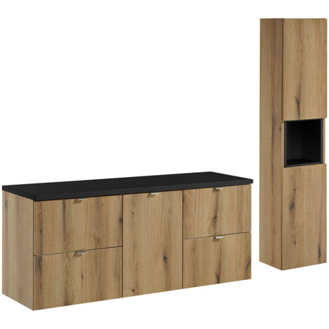 Badmöbel Set 2-teilig, 140cm Waschtischunterschrank, in Eiche und schwarz, NEWPORT-56-OAK