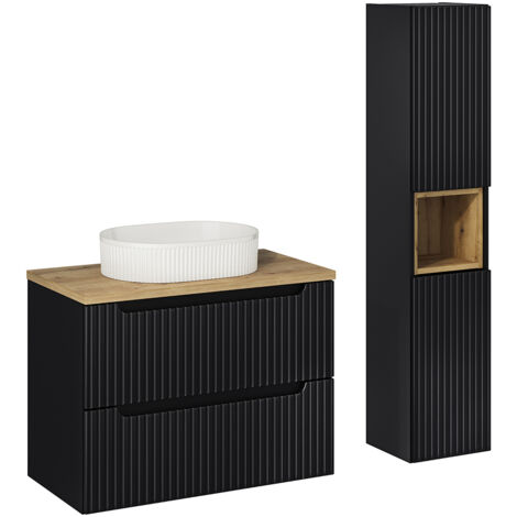 Badmöbel Set 2-teilig, 80cm Waschtisch, in schwarz mit Eiche, gerillte Front, NEWPORT-56-BLACK