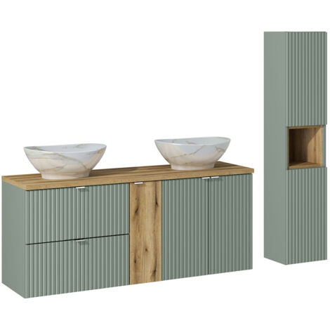 Badmöbel Set 2-teilig in grün und Eiche mit 140cm Waschtisch, NEWPORT-56-GREEN