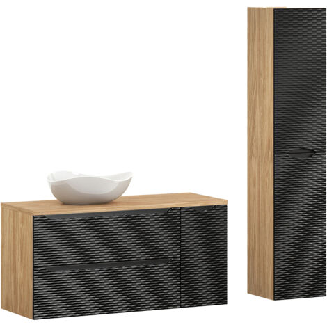 Badmöbel Set 2-teilig mit 120cm Doppelwaschtisch in Eiche mit schwarz OLUO-56-BLACK, Front mit 3D-Struktur in Wellenoptik