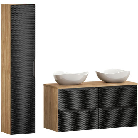 Badmöbel Set 2-teilig mit 120cm Doppelwaschtisch in Eiche mit schwarz OLUO-56-BLACK, Front mit 3D-Struktur in Wellenoptik