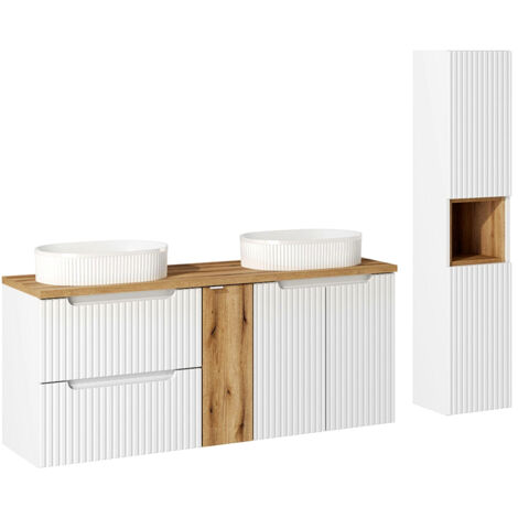 Badmöbel Set 2-teilig mit 140cm Waschtisch, weiß und Eiche, NEWPORT-56-WHITE